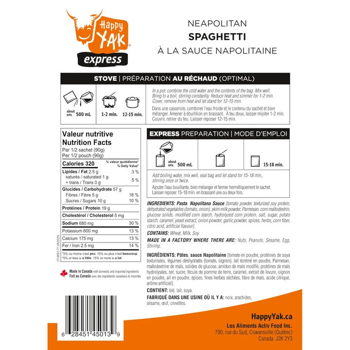 Happy Yak Spaghetti W/ Neapolitan Sauce - 2 Servings 2 Happy Yak Spaghetti W/ Neapolitan Sauce - 2 Servings - Image 2